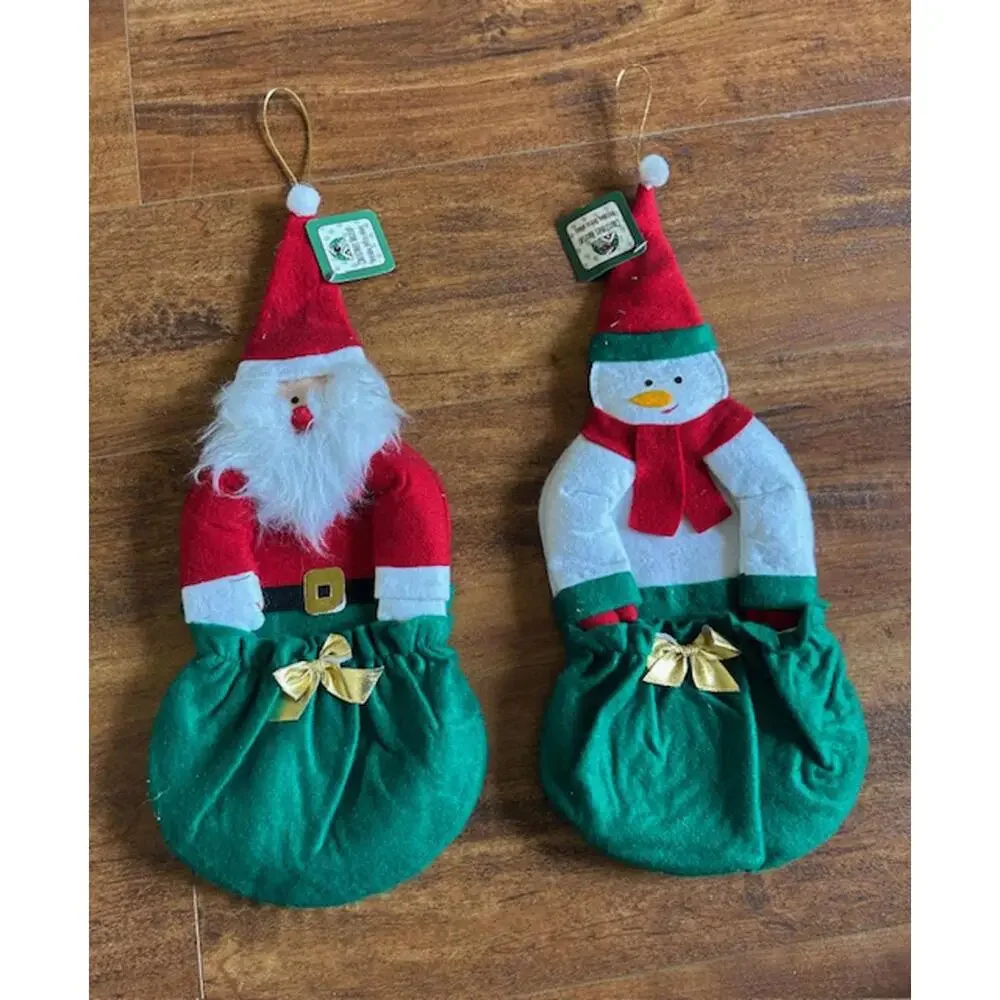 Set of 2 Christmas Santa and Snowman Hanging Decorations with Pockets